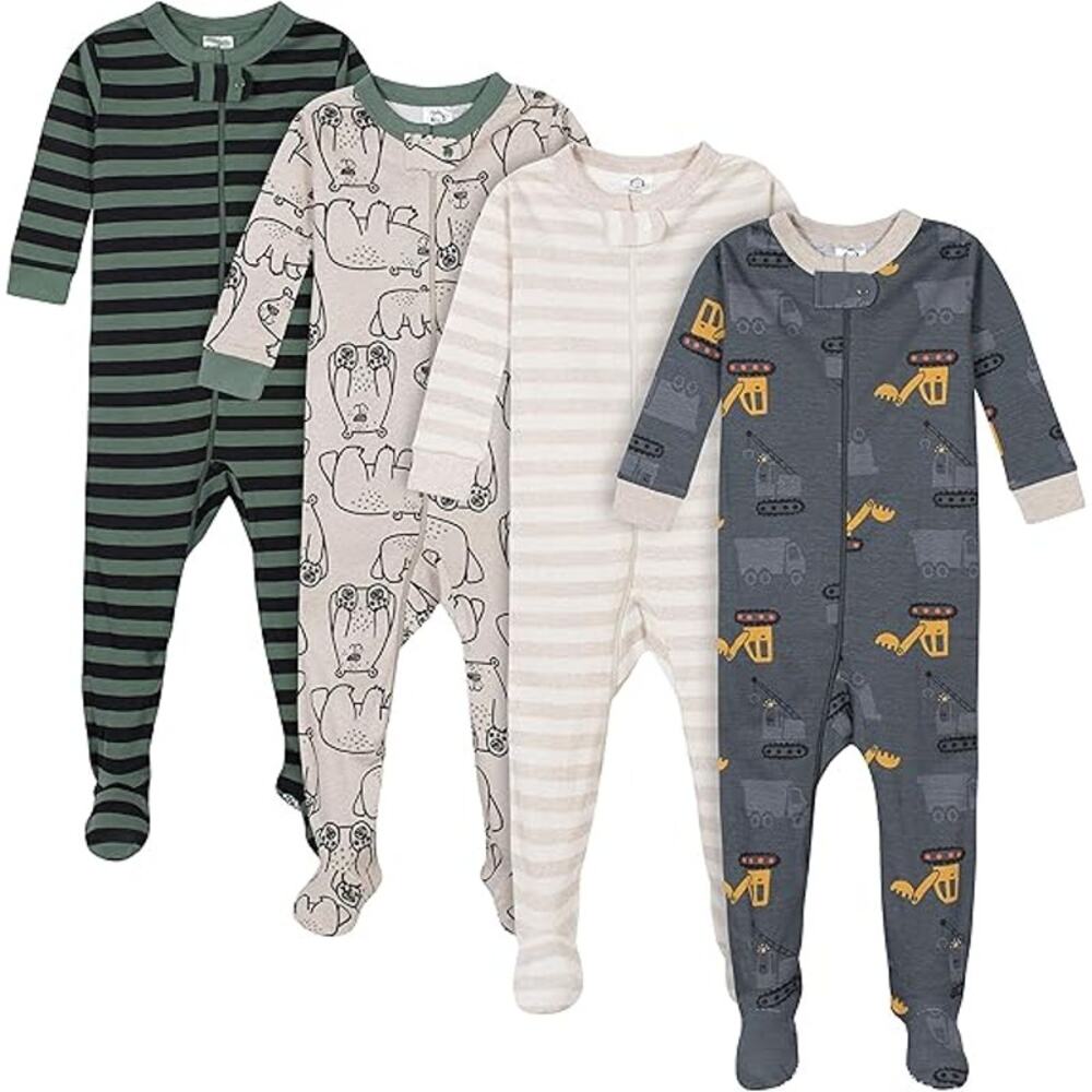 New 4-Pack Gerber Baby Boy Size 9 Months Brown Dog Truck Bear Footed Pajamas